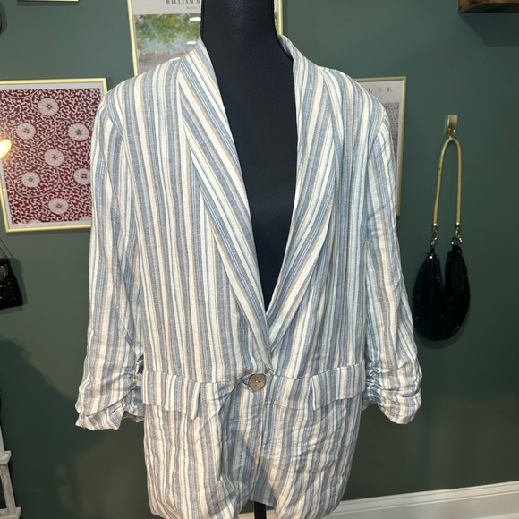 Ellen Tracy Blue and White Linen Striped Blazer Size L 🦄 - Picture 1 of 4